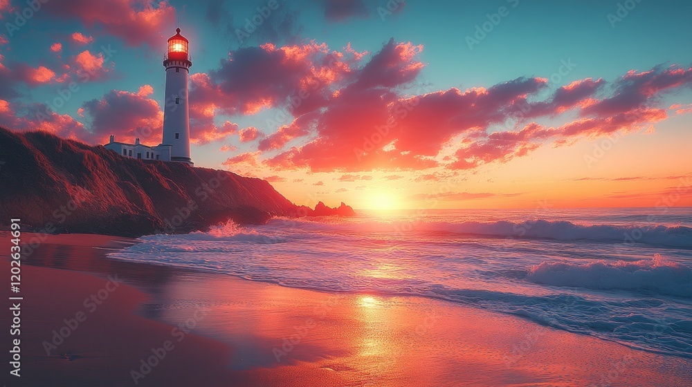 A serene sunset view featuring a lighthouse on a beach, illuminating the waves and sky. A serene sunset view featuring a lighthouse on a beach, illuminating the waves and sky.