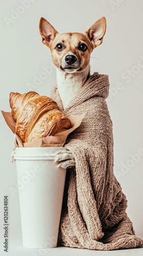 An elegant dog, wrapped in a soft blanket, poses with a croissant and coffee cup, radiating chic sophistication and a cozy vibe that sparks joy and connection. photo