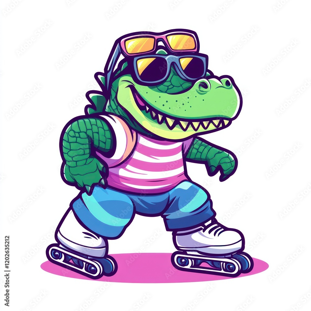 Obraz premium Cool crocodile roller skating, summer fun, cartoon illustration