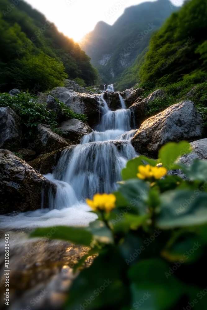 Fototapeta premium Mountain stream sunset cascade flowers nature
