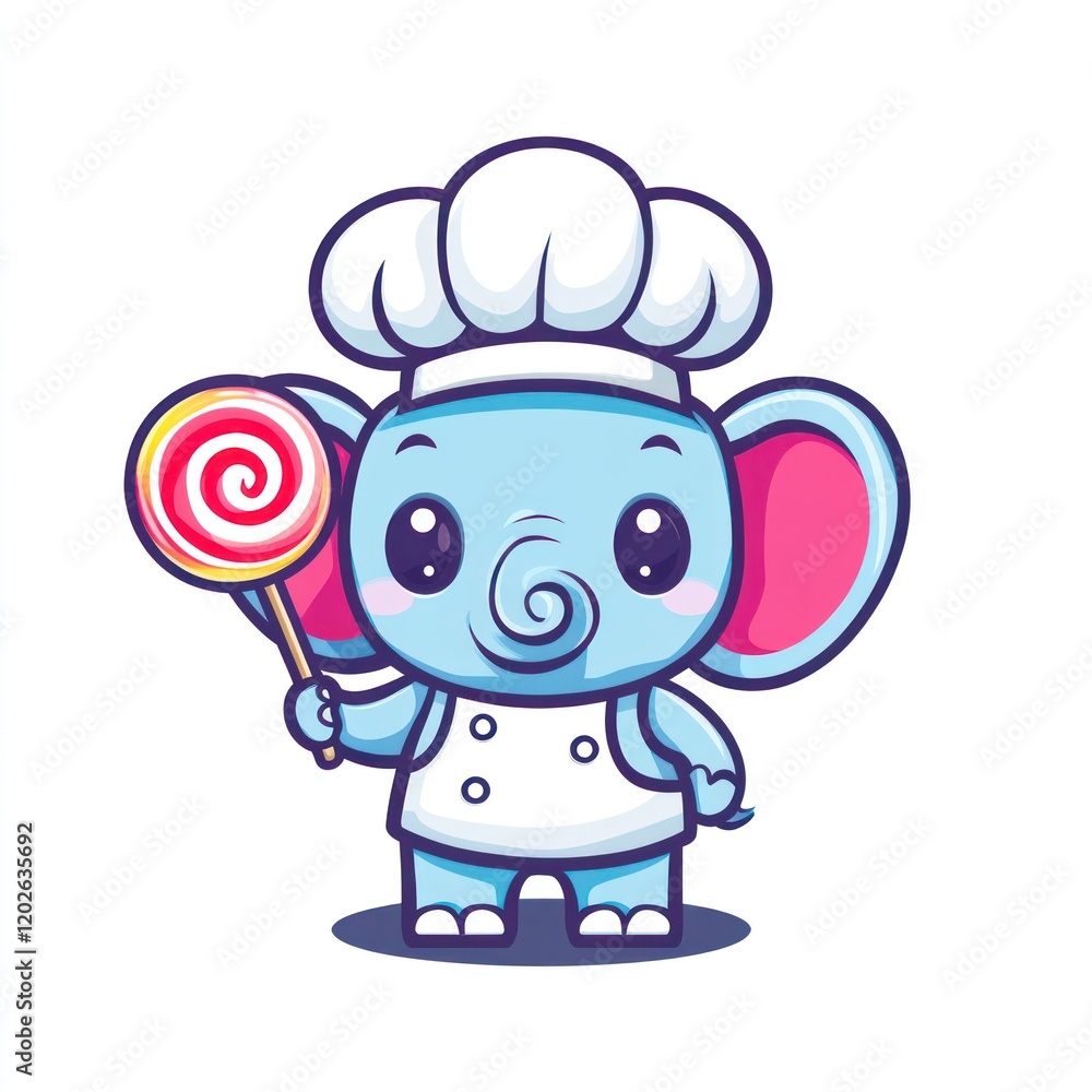 Cute chef elephant holding lollipop, white background, children's book illustration Cute chef elephant holding lollipop, white background, children's book illustration