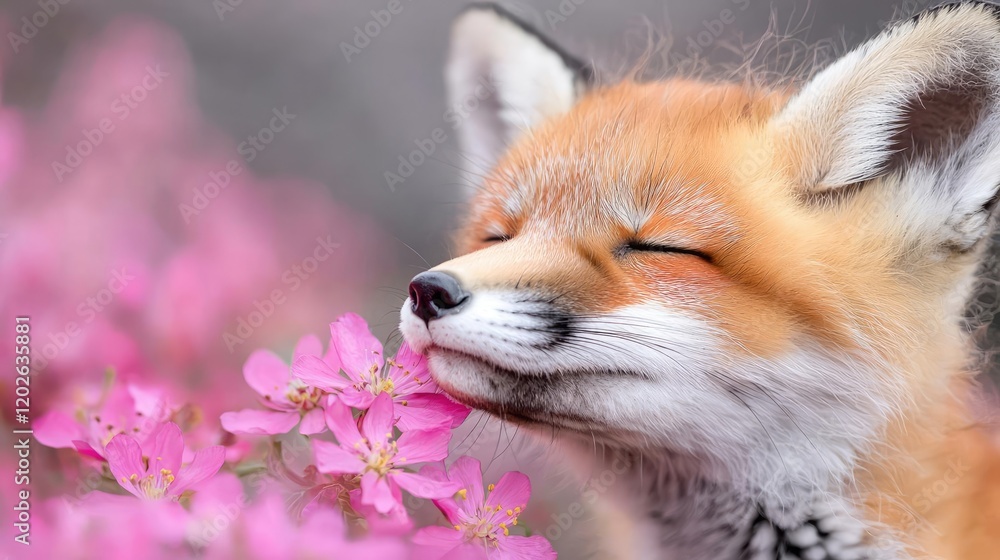 Obraz premium Red fox smelling pink blossoms, spring nature