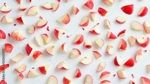 Artistic display of Red Delicious apple chunks, highlighting natural gradients of red and white, clean minimalist layout on white surface photo