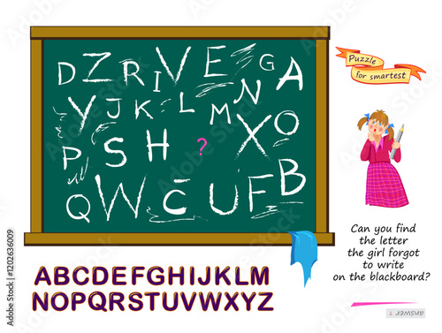Logic puzzle for children. Can you find the letter the girl forgot to write on the blackboard? Educational game. Page for kids brain teaser book. Task for attentiveness. Activity sheet. Vector image.