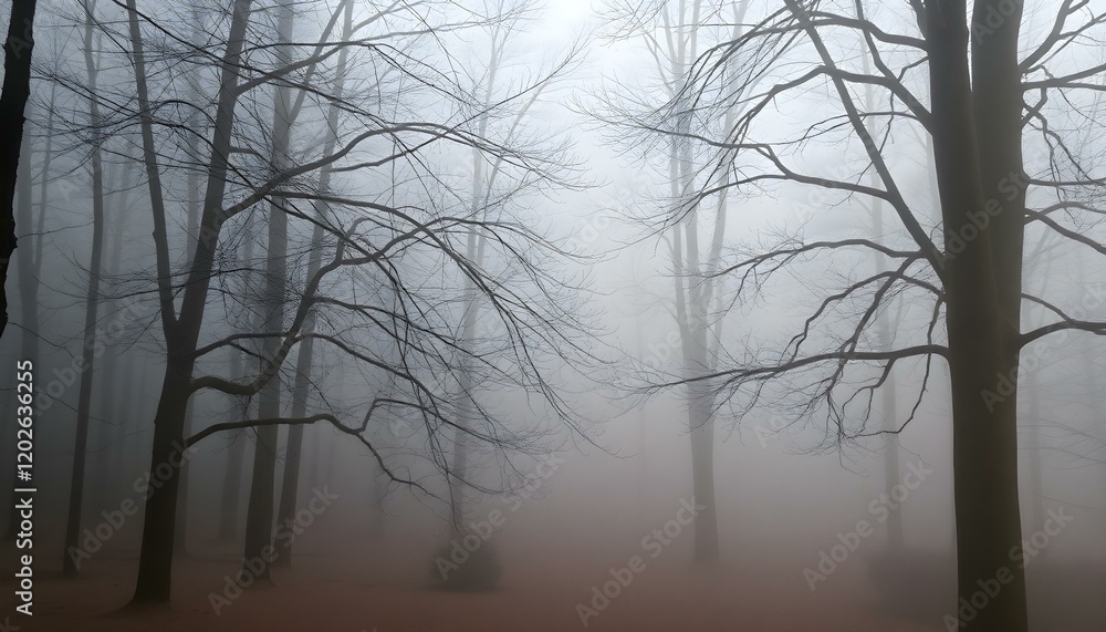 Obraz premium Misty Winter Forest Scene Bare Trees Foggy cold calm grey blue dark 