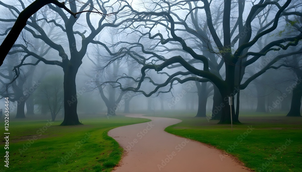 Misty Morning Path Winding Through Ancient Trees fog old park blue    