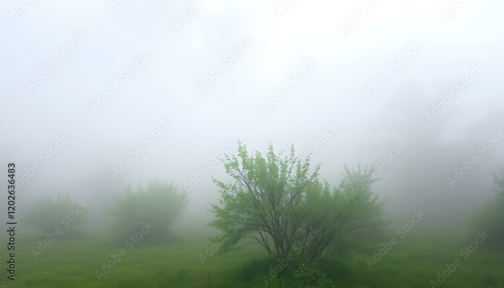 Misty Green Landscape Serene Nature Scene Bush Fog Calm View Trees Misty Green Landscape Serene Nature Scene Bush Fog Calm View Trees