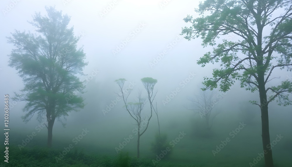 Fototapeta premium Misty Morning Trees Peaceful Green Nature Scene Fog Air Sky Calm Wood 