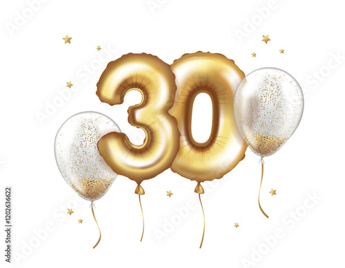 Latex helium balloons made of gold foil and transparent balloons with confetti. Number thirty. Anniversary Realistic vector illustration for birthday