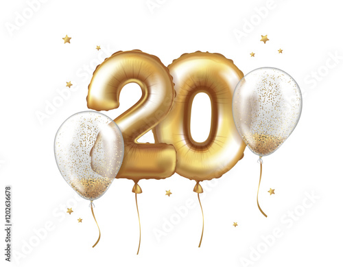 Latex helium balloons made of gold foil and transparent balloons with confetti. Number twenty. Anniversary Realistic vector illustration for birthday