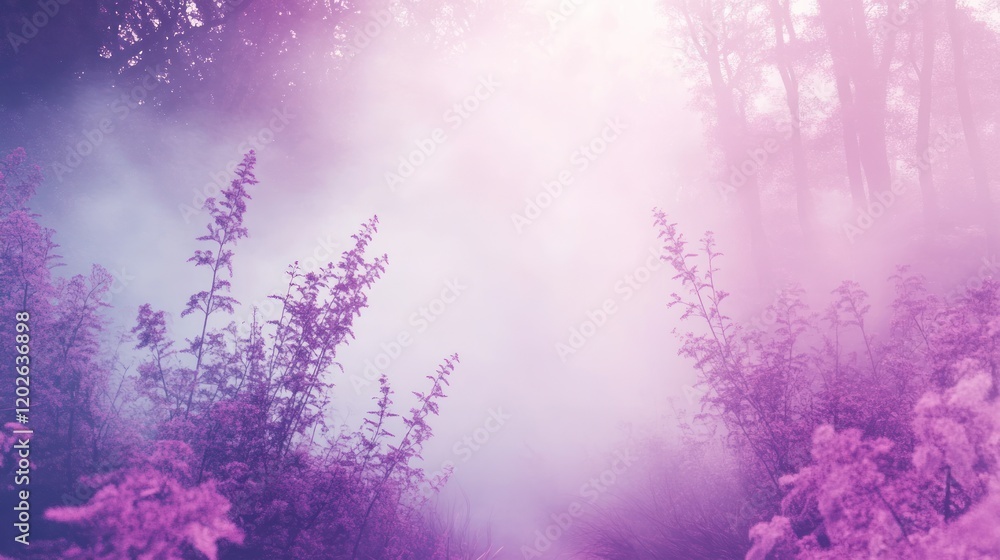 Mystical Purple Forest: A Foggy Dream Enchanting foggy forest bathed in soft purple hues, creating a dreamy and surreal atmosphere. Plants reach towards the light, adding to the magical ambiance. Mystical Purple Forest: A Foggy Dream Enchanting foggy forest bathed in soft purple hues, creating a dreamy and surreal atmosphere. Plants reach towards the light, adding to the magical ambiance.