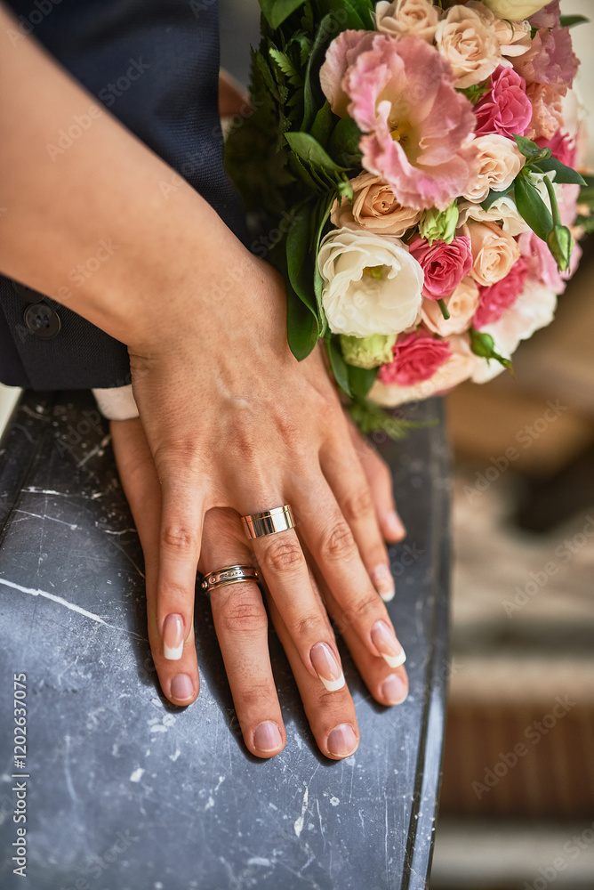 Elegant couple's hands with wedding rings, tenderly holding flower bouquet, symbolizing love and unity, commitment concept