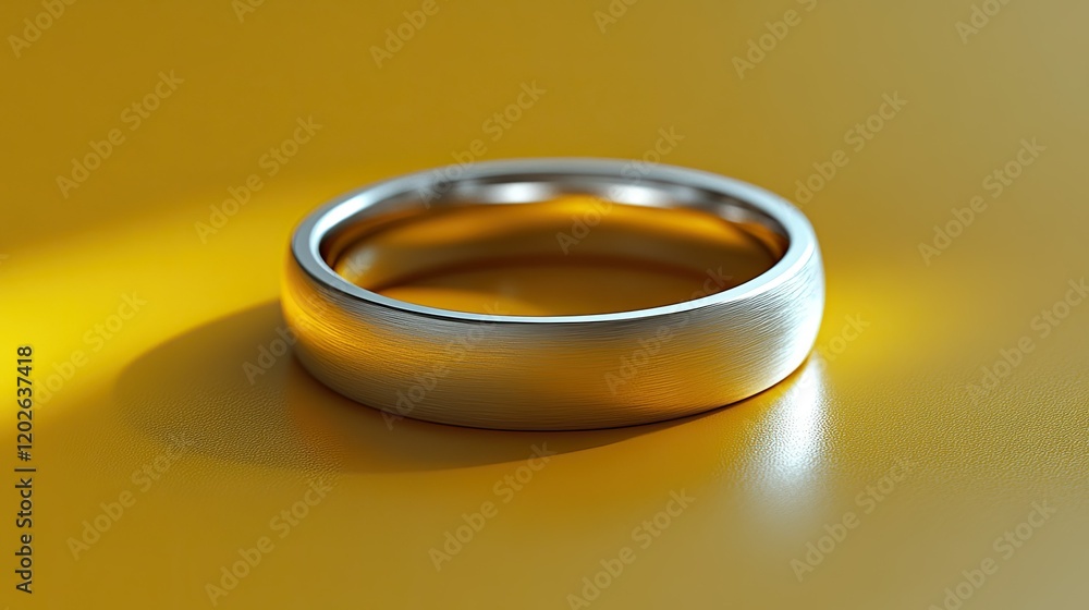 A simple metallic ring resting on a yellow surface, showcasing elegance and minimalism. A simple metallic ring resting on a yellow surface, showcasing elegance and minimalism.