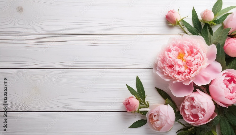 Pink peonies and roses on a white wooden background, copy space, greeting card. Pink peonies and roses on a white wooden background, copy space, greeting card.