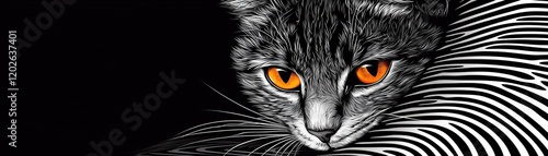 A highly detailed vector art piece featuring a cat's head emerging from a fingerprint spiral, bold outlines and sharp contrast for impact