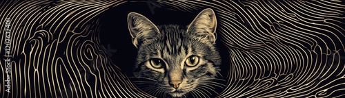 A highly detailed vector art piece featuring a cat's head emerging from a fingerprint spiral, bold outlines and sharp contrast for impact photo