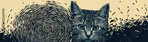 A highly detailed vector art piece featuring a cat's head emerging from a fingerprint spiral, bold outlines and sharp contrast for impact photo