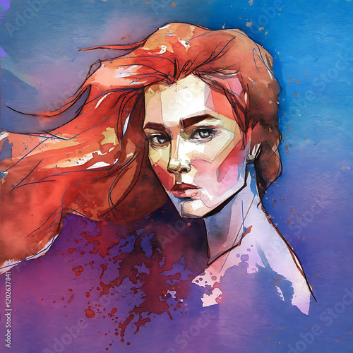 Vibrant Female Watercolor Portrait: Abstract Artistic Illustration of Modern Beauty