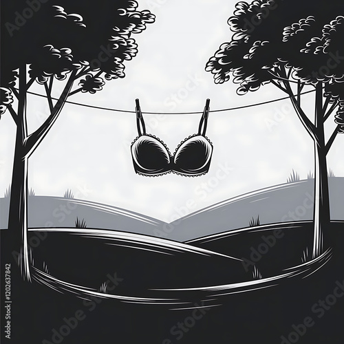 “Whimsical Vector Silhouette Art of Brassieres Hanging in Rural Landscape”