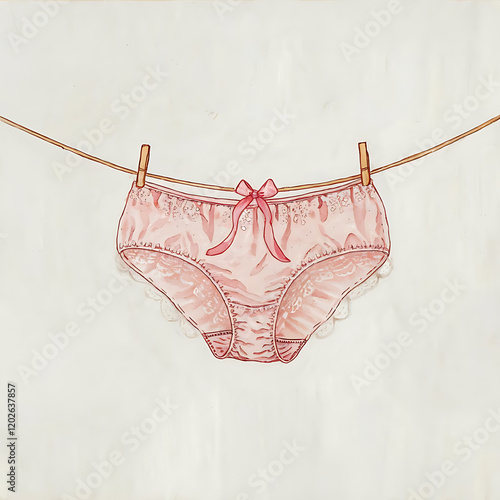 Delicate Floral Lingerie and Underwear on Clothesline - Whimsical Pink Pastel Design