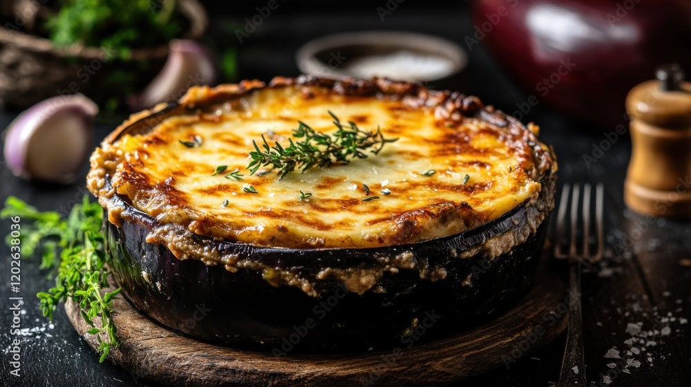 Traditional Greek moussaka with lamb and eggplant. Featuring a rich and savory dish. Highlighting the texture and layers of the moussaka. Ideal for food and gourmet themes. Traditional Greek moussaka with lamb and eggplant. Featuring a rich and savory dish. Highlighting the texture and layers of the moussaka. Ideal for food and gourmet themes.
