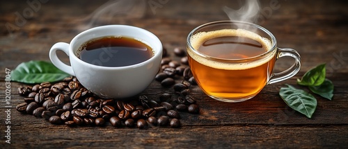 Hot Coffee and Tea on Wooden Table photo