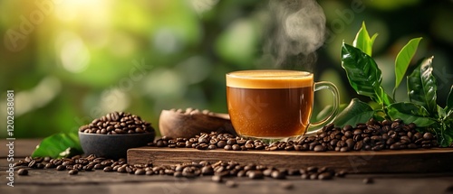 Hot Coffee Cup with Beans on Wooden Table, Nature Background photo