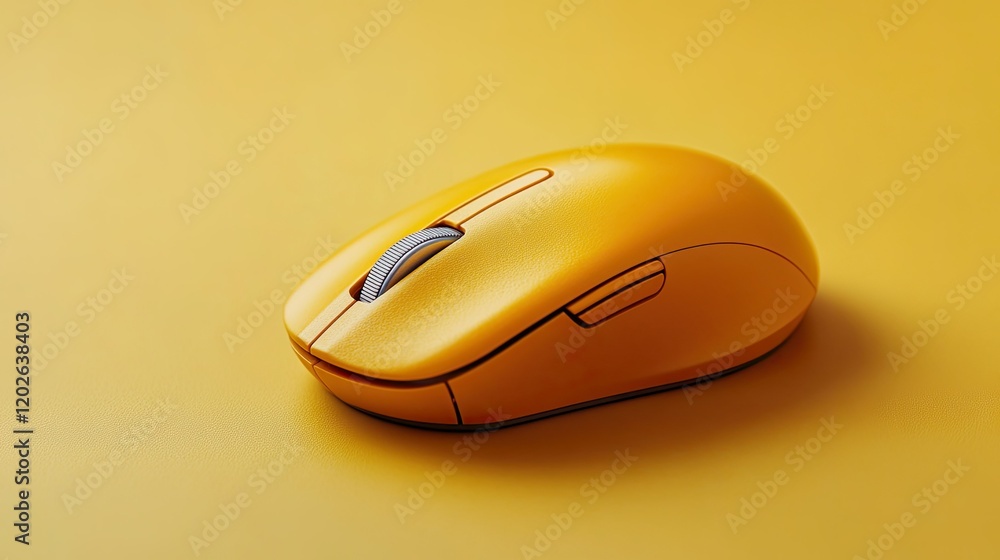 A sleek, modern yellow computer mouse resting on a matching surface, designed for ergonomic use. A sleek, modern yellow computer mouse resting on a matching surface, designed for ergonomic use.
