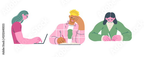 Writing people, modern flat vector concept illustrations set people writing on paper or device. Metaphor for reflection, insight, contemplation, creative expression