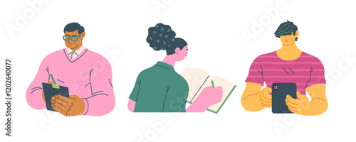 Writing people, modern flat vector concept illustrations set people writing on paper or device. Metaphor for reflection, insight, contemplation, creative expression