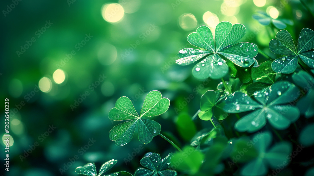 Lush Green Clover with Dew in Sunlit Garden Concept of Nature's Beauty, Fresh Beginnings, and Tranquil Moments Amidst Glowing Natural Backdrop. St. Patrick's Day. Copy space. Background Lush Green Clover with Dew in Sunlit Garden Concept of Nature's Beauty, Fresh Beginnings, and Tranquil Moments Amidst Glowing Natural Backdrop. St. Patrick's Day. Copy space. Background