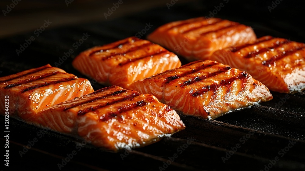 Φωτογραφία A close-up of four salmon fillets cooking on a grill with other fish on top