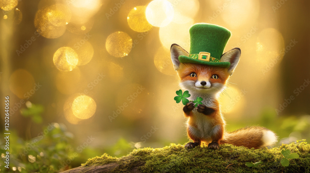 Fototapeta premium Playful Fox Holding Shamrock in a Forest Wonderland. Concept of St. Patrick's Day, Irish Folklore, Nature Magic. Copy space