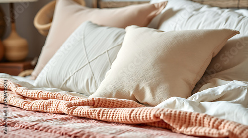 Cozy Bedroom Setting with Soft Pillows and a Warm Blanket. Experience ultimate comfort and relaxation in this serene and stylish interior design.