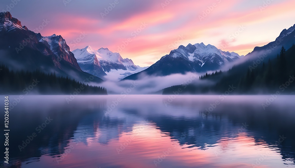 Misty Mountain Lake at Sunrise: Serene Pink and Purple Landscape Misty Mountain Lake at Sunrise: Serene Pink and Purple Landscape