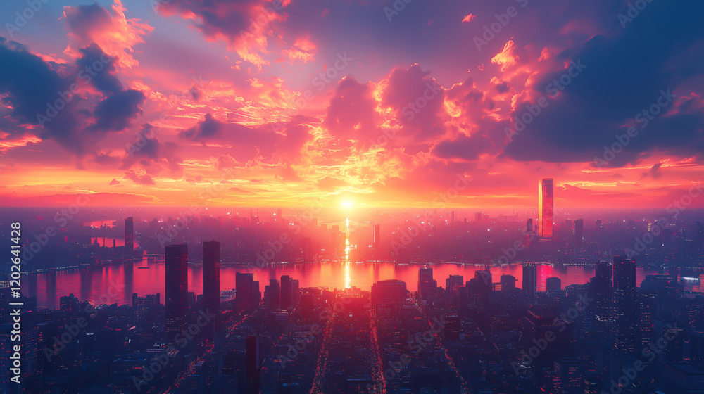 Fototapeta premium Vibrant Sunset Over a Modern City Skyline