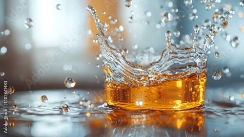 Splash of orange liquid in transparent glass