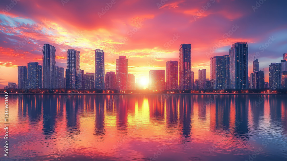 Fototapeta premium City Skyline Sunset Reflection Water Vibrant Colors