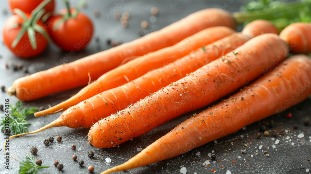 Fresh carrots arranged on a dark surface with vegetables