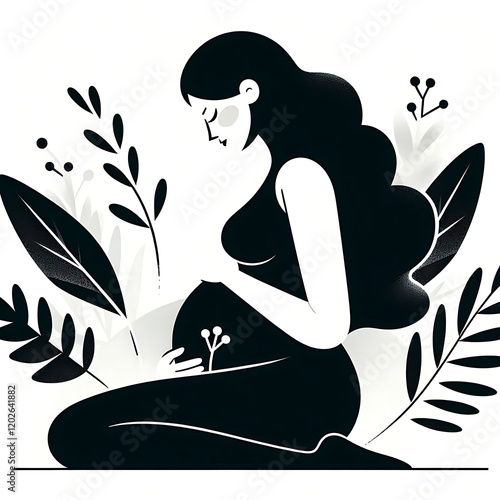 Pregnancy Illustration: Expecting Mother in Relaxed, Floral Line Art Silhouette