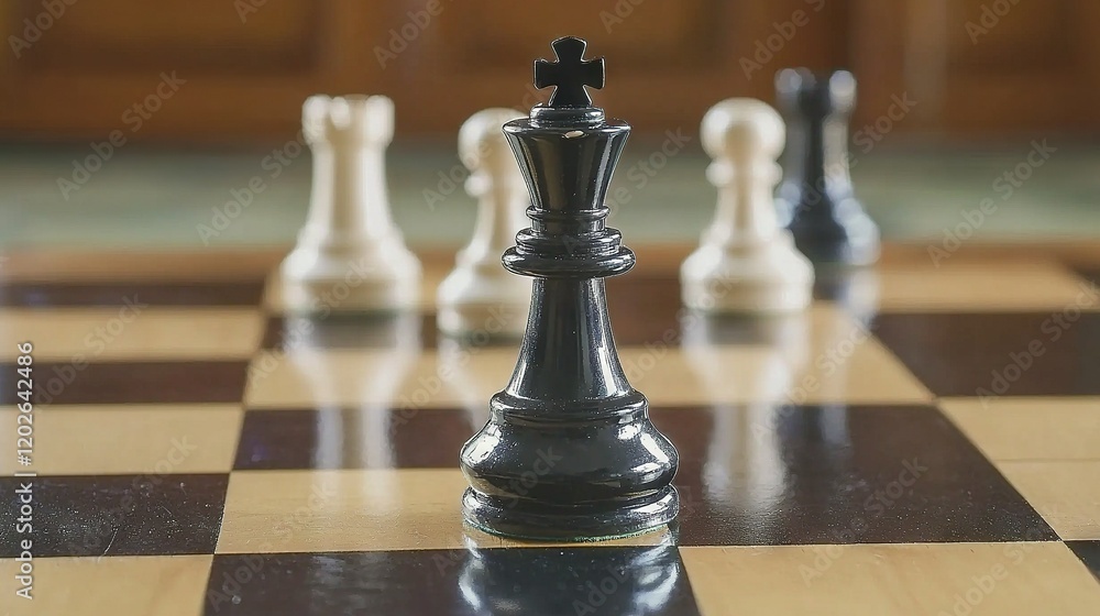 Black and white chess set on a checkered board with pieces in background Black and white chess set on a checkered board with pieces in background