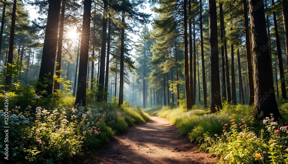Obraz premium Sunlit Forest Path: Serene Woodland Trail with Blossoming Flowers