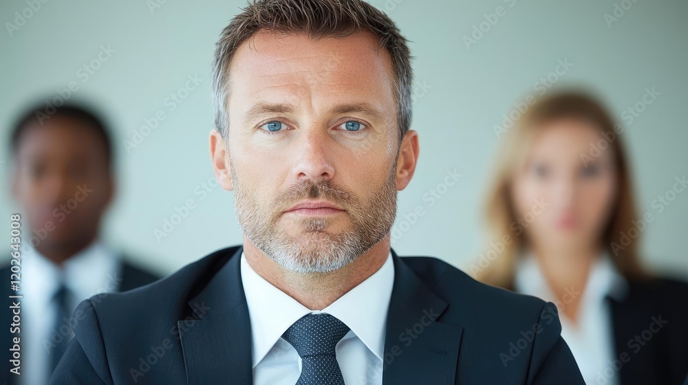 Confident businessman leading team, office background, corporate success Confident businessman leading team, office background, corporate success