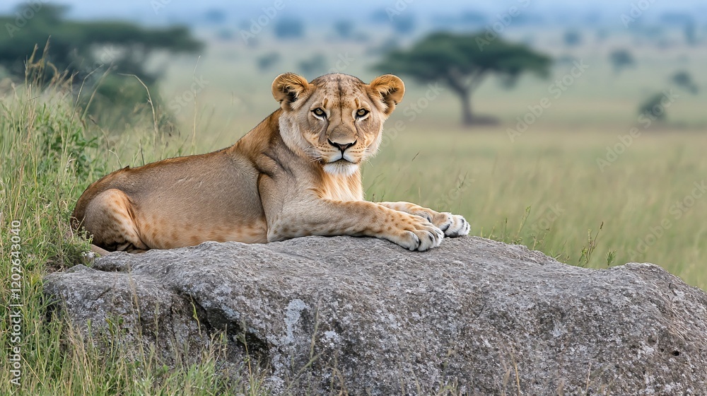 Lioness resting on rock in savanna Lioness resting on rock in savanna