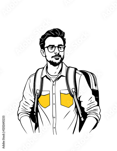 Vector illustration of a hipster man with backpack and glasses on white background