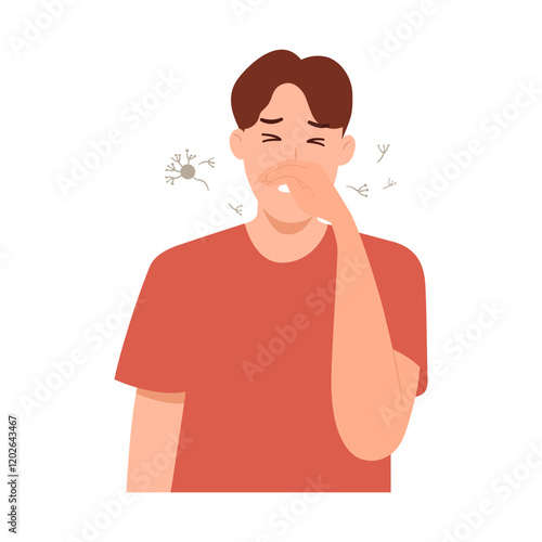 Vector illustration of pollen allergy and Hay fever. Man with allergic rhinitis, allergy symptoms, sneezing, runny nose, itchy eyes, nasal congestion. Flat design 
