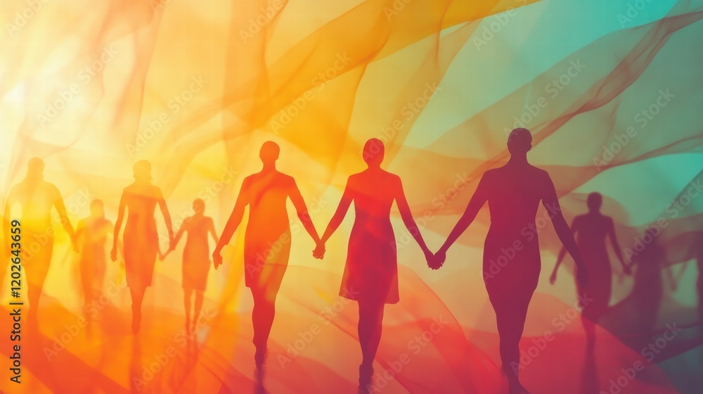 Fototapeta premium Silhouettes of diverse people holding hands in vibrant and colorful abstract shapes during a warm sunset. Generative AI