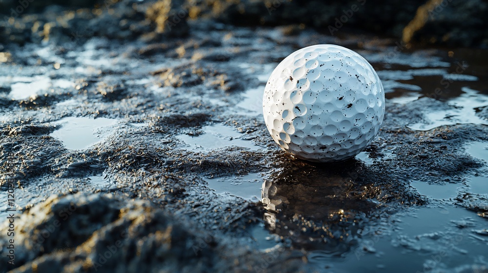 Golf ball in mud puddle.