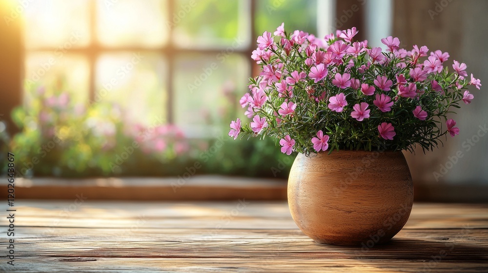 Fototapeta premium Pink flowers in a rustic clay pot by a window