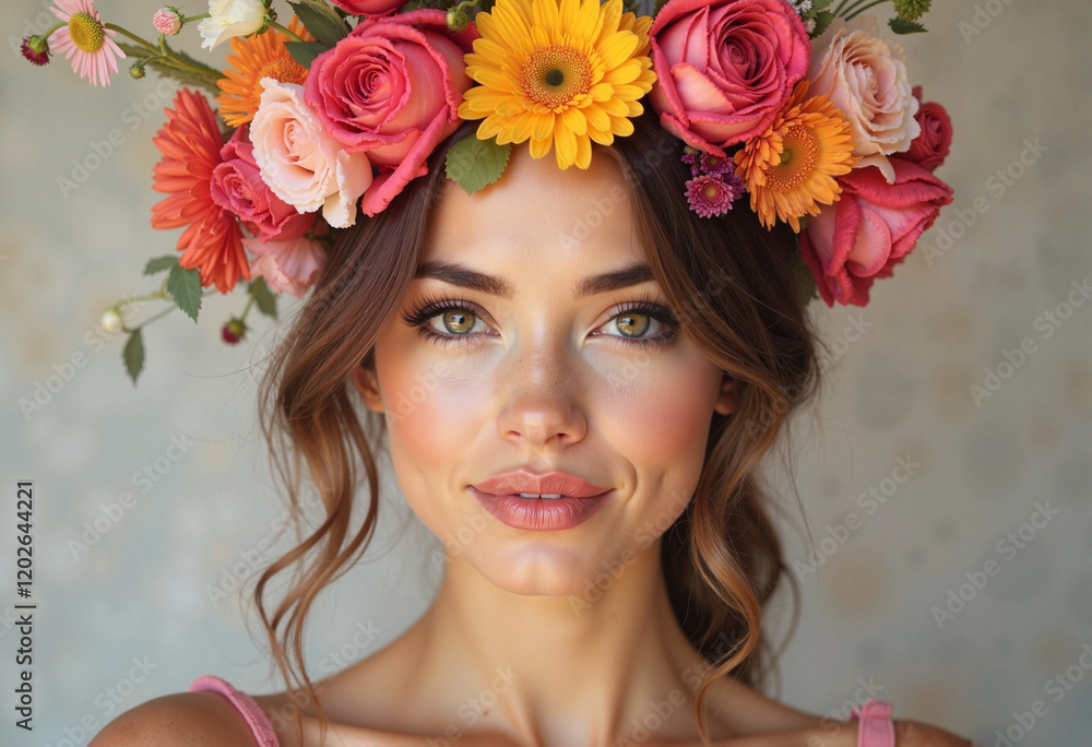 Vibrant flower crown close-up, soft details on neutral background Vibrant flower crown close-up, soft details on neutral background